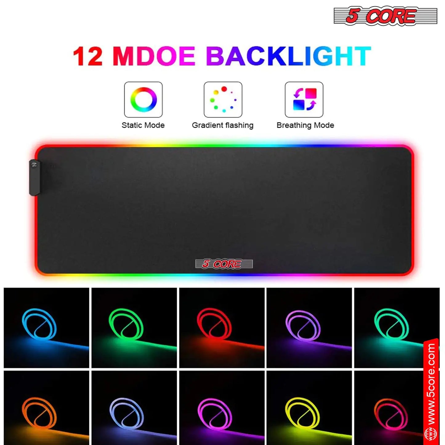 5Core RGB Mouse Pad  12 Light Modes High-Performance Soft Padded Large Gaming Keyboard Mouse Mat