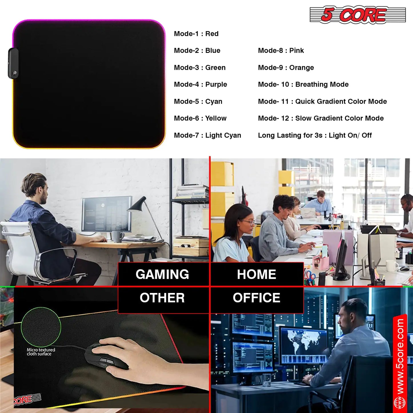 5Core RGB Mouse Pad  12 Light Modes High-Performance Soft Padded Large Gaming Keyboard Mouse Mat